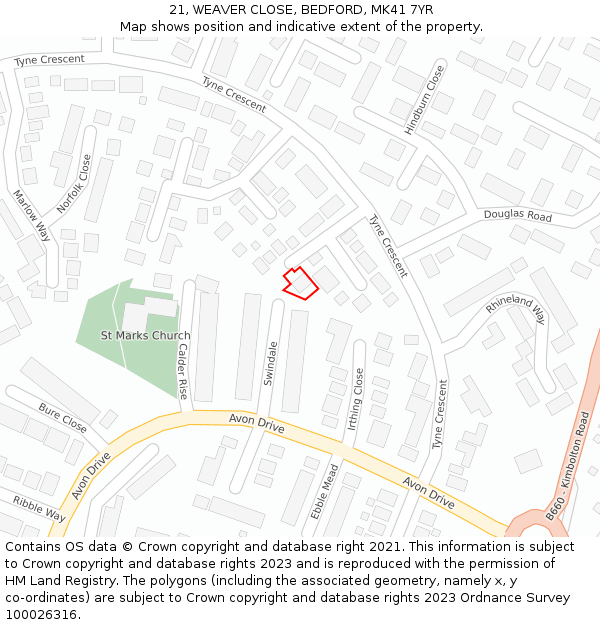 21, WEAVER CLOSE, BEDFORD, MK41 7YR: Location map and indicative extent of plot