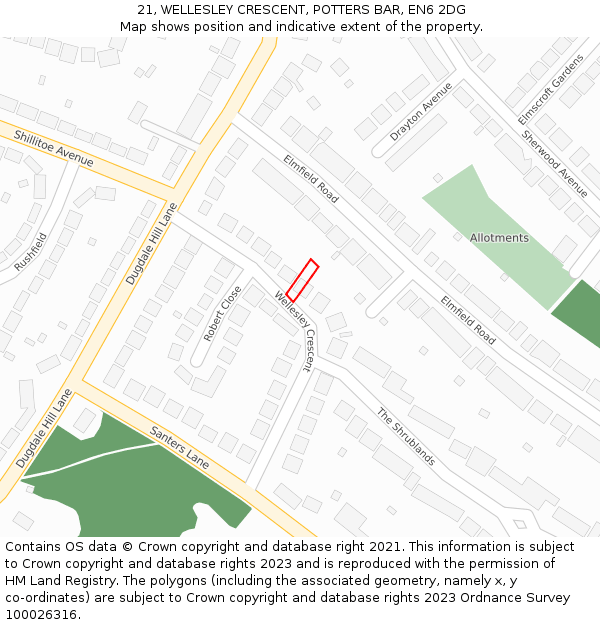 21, WELLESLEY CRESCENT, POTTERS BAR, EN6 2DG: Location map and indicative extent of plot