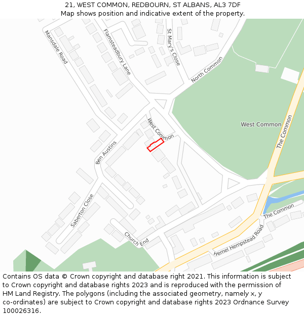21, WEST COMMON, REDBOURN, ST ALBANS, AL3 7DF: Location map and indicative extent of plot
