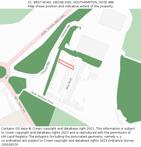 21, WEST ROAD, HEDGE END, SOUTHAMPTON, SO30 4BE: Location map and indicative extent of plot