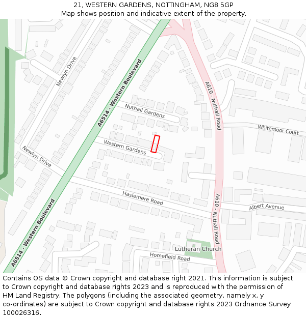 21, WESTERN GARDENS, NOTTINGHAM, NG8 5GP: Location map and indicative extent of plot