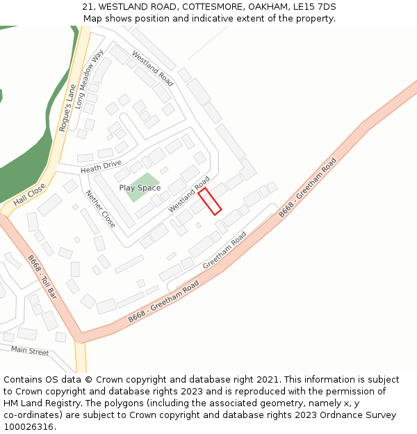 21, WESTLAND ROAD, COTTESMORE, OAKHAM, LE15 7DS: Location map and indicative extent of plot