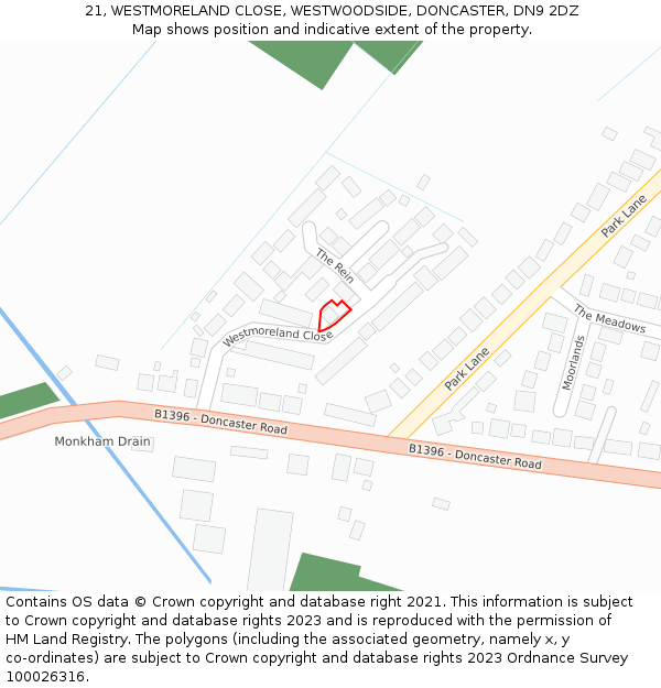 21, WESTMORELAND CLOSE, WESTWOODSIDE, DONCASTER, DN9 2DZ: Location map and indicative extent of plot