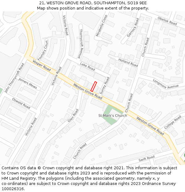 21, WESTON GROVE ROAD, SOUTHAMPTON, SO19 9EE: Location map and indicative extent of plot