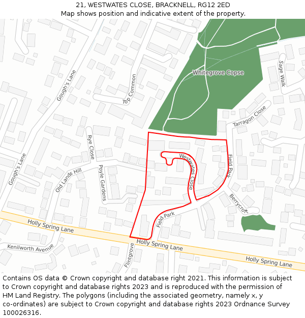 21, WESTWATES CLOSE, BRACKNELL, RG12 2ED: Location map and indicative extent of plot