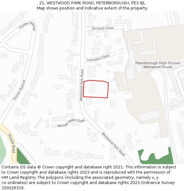 21, WESTWOOD PARK ROAD, PETERBOROUGH, PE3 6JL: Location map and indicative extent of plot