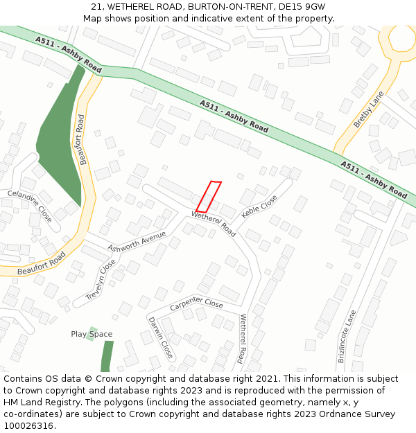 21, WETHEREL ROAD, BURTON-ON-TRENT, DE15 9GW: Location map and indicative extent of plot
