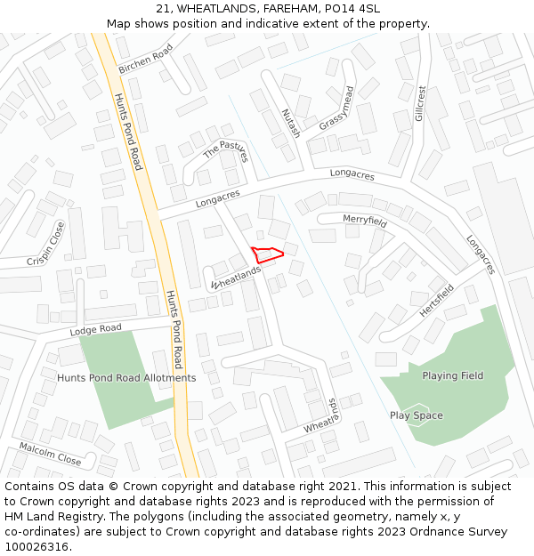 21, WHEATLANDS, FAREHAM, PO14 4SL: Location map and indicative extent of plot