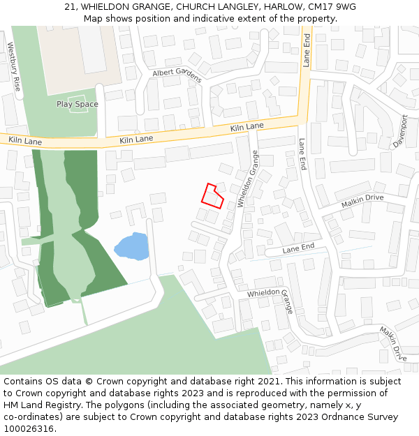 21, WHIELDON GRANGE, CHURCH LANGLEY, HARLOW, CM17 9WG: Location map and indicative extent of plot