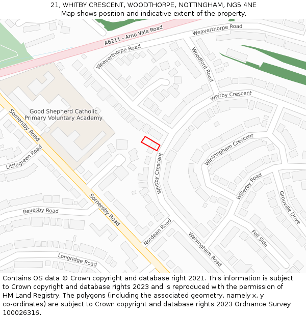 21, WHITBY CRESCENT, WOODTHORPE, NOTTINGHAM, NG5 4NE: Location map and indicative extent of plot