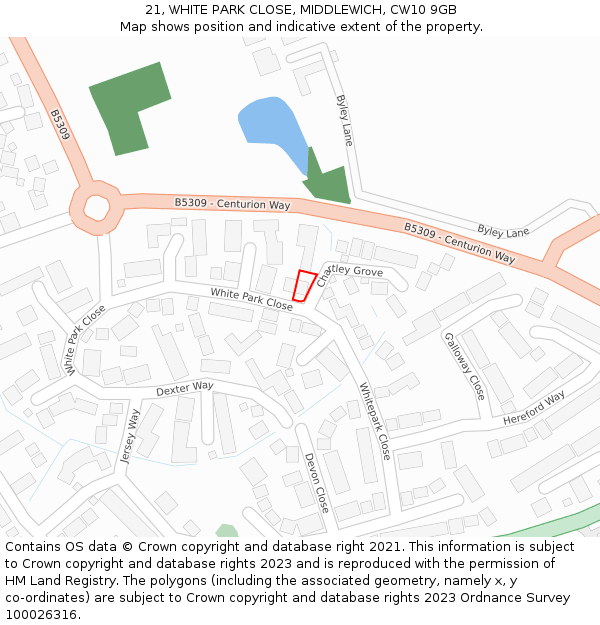 21, WHITE PARK CLOSE, MIDDLEWICH, CW10 9GB: Location map and indicative extent of plot