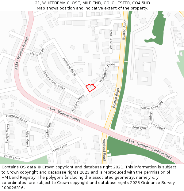 21, WHITEBEAM CLOSE, MILE END, COLCHESTER, CO4 5HB: Location map and indicative extent of plot