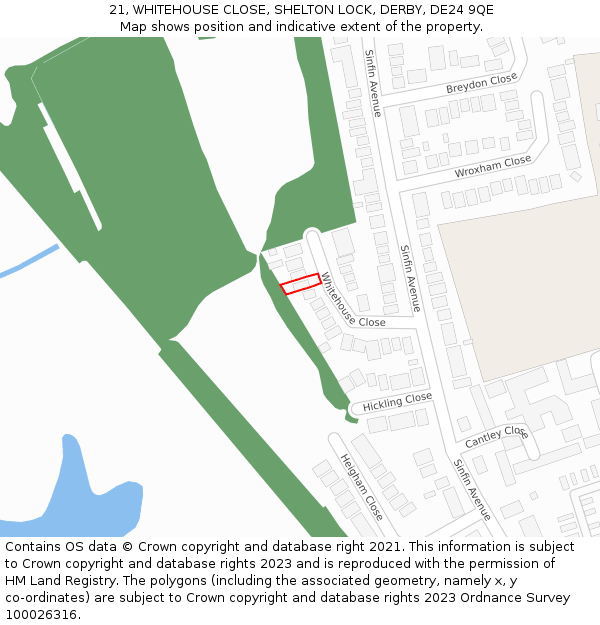 21, WHITEHOUSE CLOSE, SHELTON LOCK, DERBY, DE24 9QE: Location map and indicative extent of plot