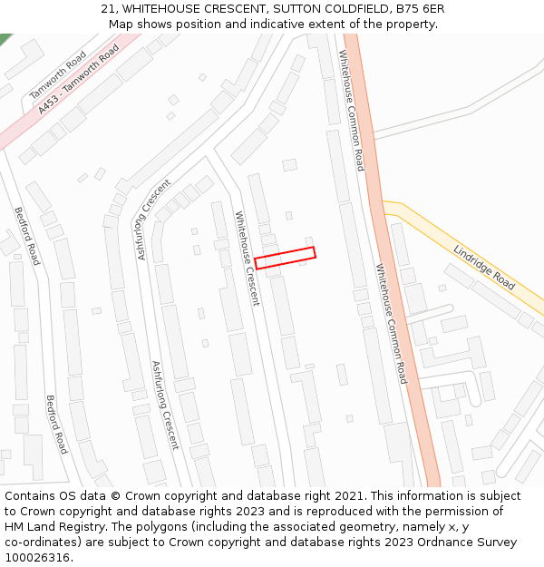 21, WHITEHOUSE CRESCENT, SUTTON COLDFIELD, B75 6ER: Location map and indicative extent of plot