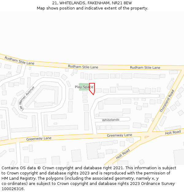 21, WHITELANDS, FAKENHAM, NR21 8EW: Location map and indicative extent of plot