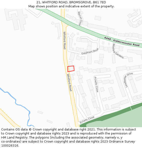 21, WHITFORD ROAD, BROMSGROVE, B61 7ED: Location map and indicative extent of plot