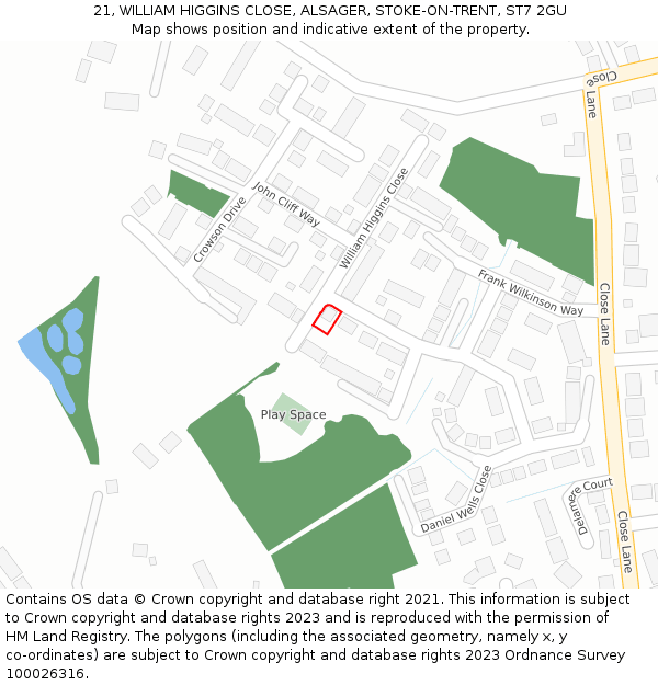 21, WILLIAM HIGGINS CLOSE, ALSAGER, STOKE-ON-TRENT, ST7 2GU: Location map and indicative extent of plot