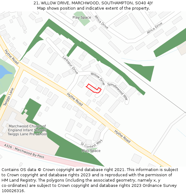 21, WILLOW DRIVE, MARCHWOOD, SOUTHAMPTON, SO40 4JY: Location map and indicative extent of plot