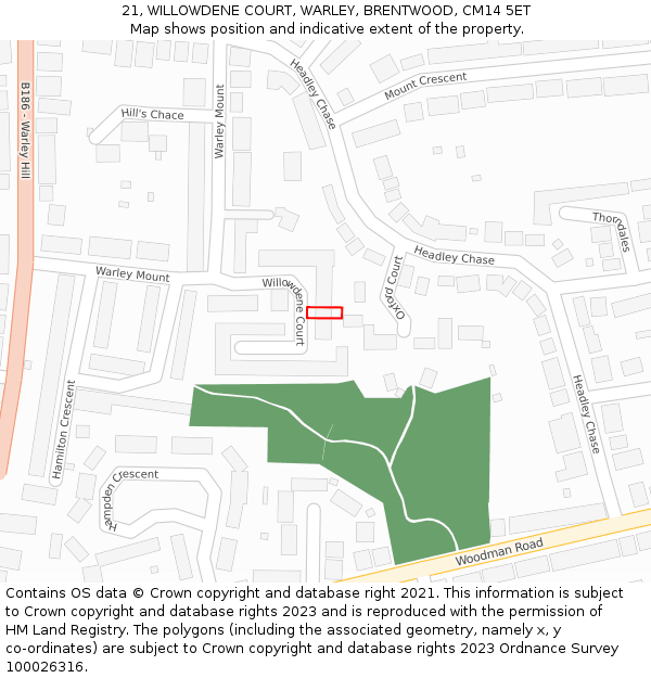 21, WILLOWDENE COURT, WARLEY, BRENTWOOD, CM14 5ET: Location map and indicative extent of plot