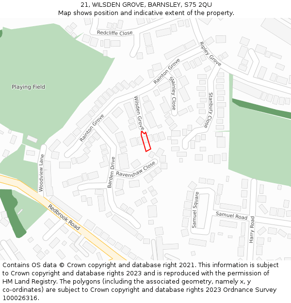 21, WILSDEN GROVE, BARNSLEY, S75 2QU: Location map and indicative extent of plot