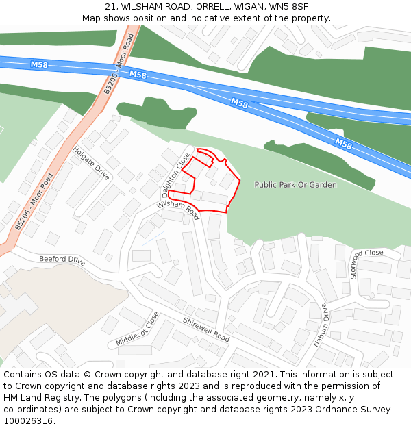 21, WILSHAM ROAD, ORRELL, WIGAN, WN5 8SF: Location map and indicative extent of plot