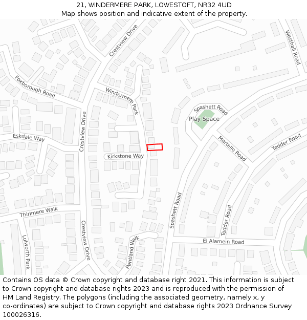 21, WINDERMERE PARK, LOWESTOFT, NR32 4UD: Location map and indicative extent of plot