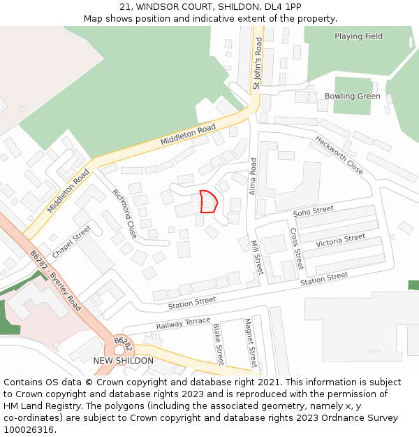 21, WINDSOR COURT, SHILDON, DL4 1PP: Location map and indicative extent of plot