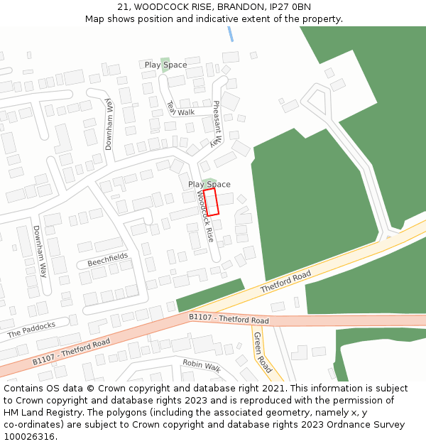 21, WOODCOCK RISE, BRANDON, IP27 0BN: Location map and indicative extent of plot