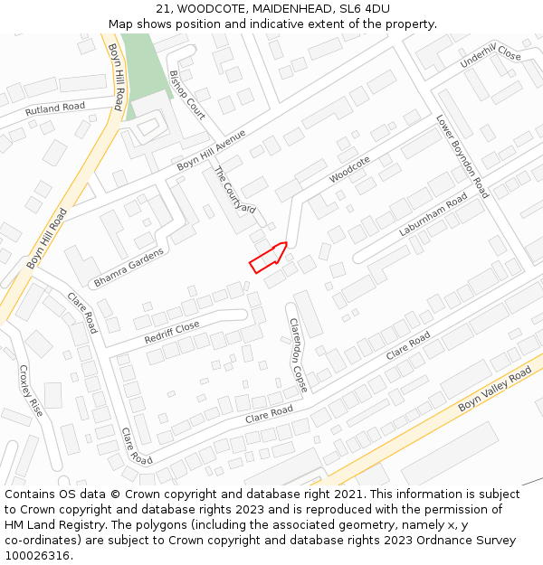 21, WOODCOTE, MAIDENHEAD, SL6 4DU: Location map and indicative extent of plot
