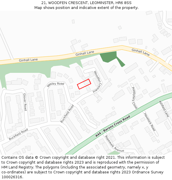 21, WOODFEN CRESCENT, LEOMINSTER, HR6 8SS: Location map and indicative extent of plot