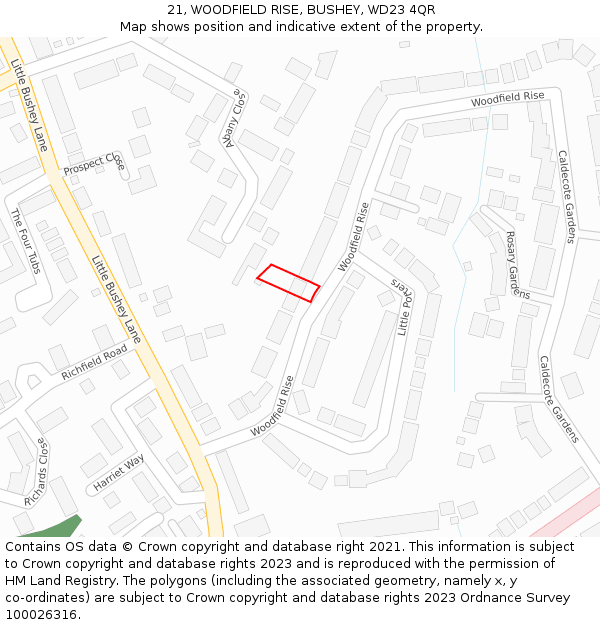 21, WOODFIELD RISE, BUSHEY, WD23 4QR: Location map and indicative extent of plot