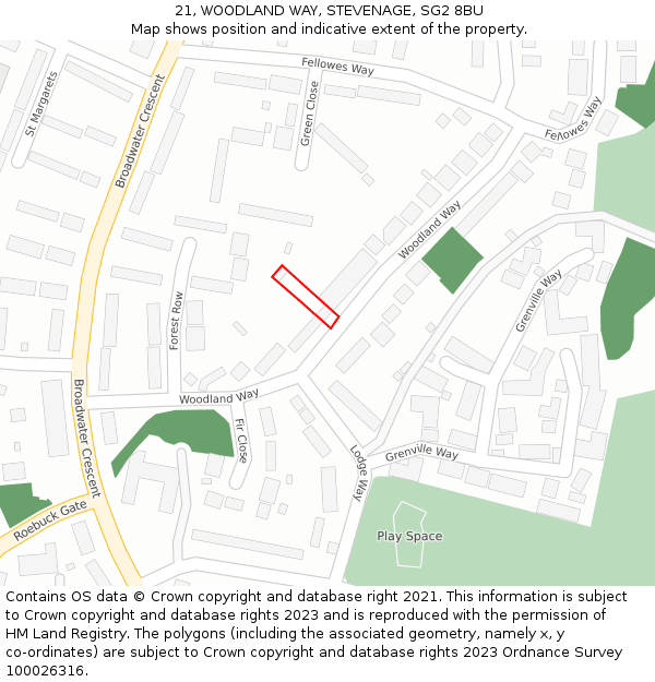 21, WOODLAND WAY, STEVENAGE, SG2 8BU: Location map and indicative extent of plot