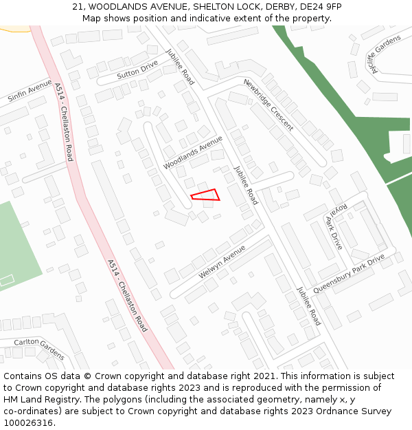 21, WOODLANDS AVENUE, SHELTON LOCK, DERBY, DE24 9FP: Location map and indicative extent of plot