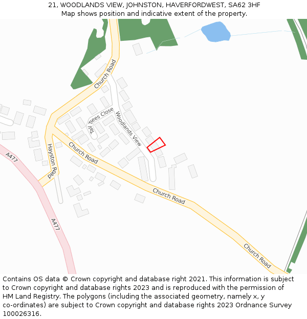 21, WOODLANDS VIEW, JOHNSTON, HAVERFORDWEST, SA62 3HF: Location map and indicative extent of plot