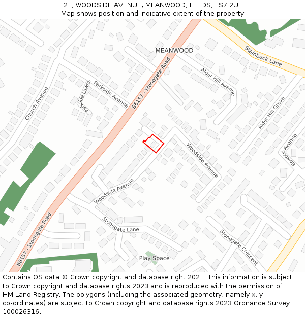 21, WOODSIDE AVENUE, MEANWOOD, LEEDS, LS7 2UL: Location map and indicative extent of plot