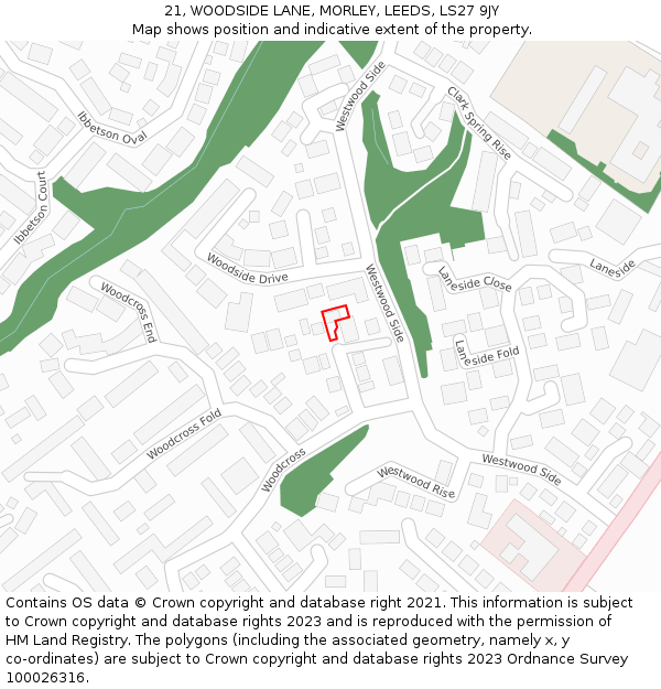 21, WOODSIDE LANE, MORLEY, LEEDS, LS27 9JY: Location map and indicative extent of plot