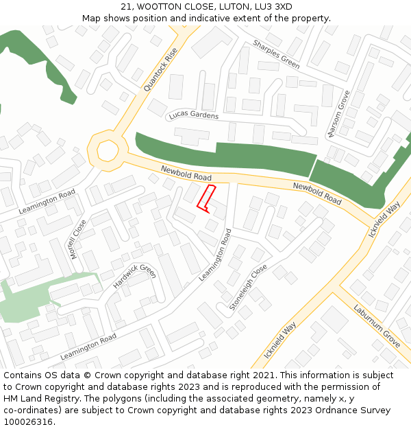 21, WOOTTON CLOSE, LUTON, LU3 3XD: Location map and indicative extent of plot