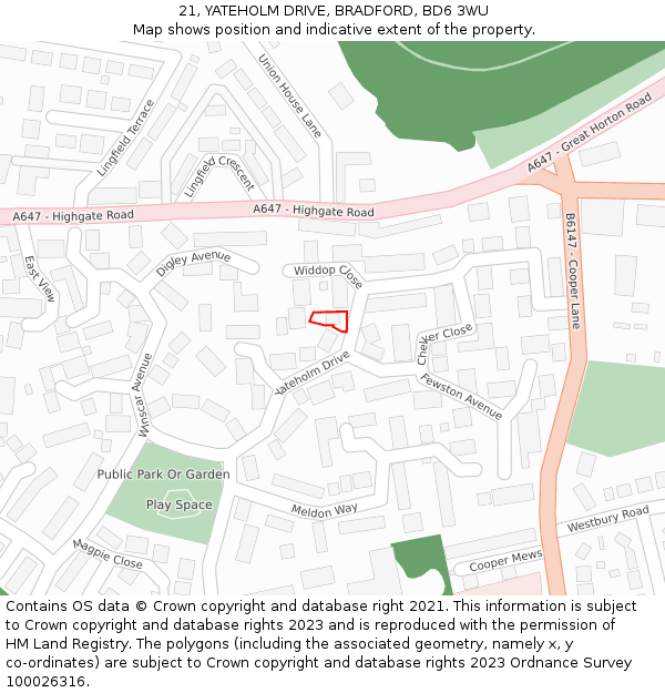 21, YATEHOLM DRIVE, BRADFORD, BD6 3WU: Location map and indicative extent of plot