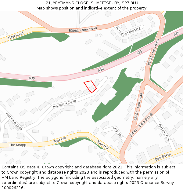21, YEATMANS CLOSE, SHAFTESBURY, SP7 8LU: Location map and indicative extent of plot