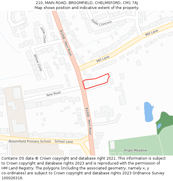 210, MAIN ROAD, BROOMFIELD, CHELMSFORD, CM1 7AJ: Location map and indicative extent of plot