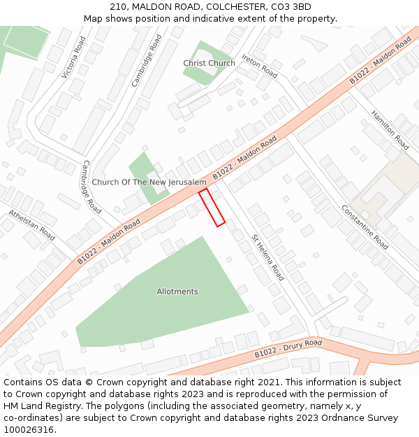 210, MALDON ROAD, COLCHESTER, CO3 3BD: Location map and indicative extent of plot