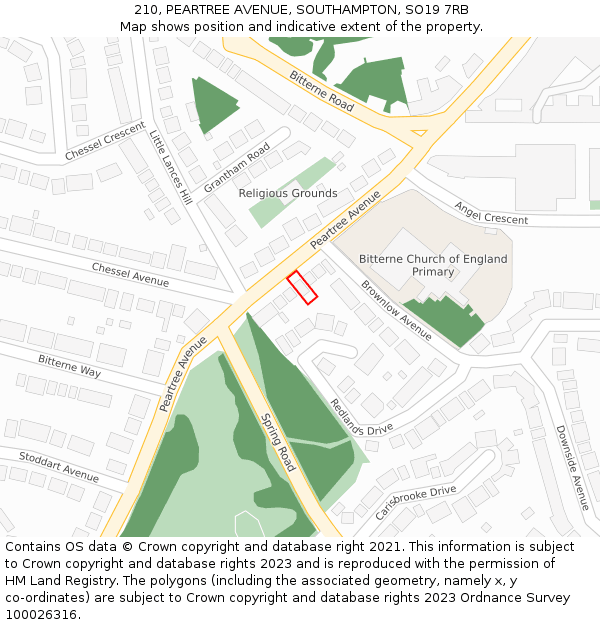 210, PEARTREE AVENUE, SOUTHAMPTON, SO19 7RB: Location map and indicative extent of plot