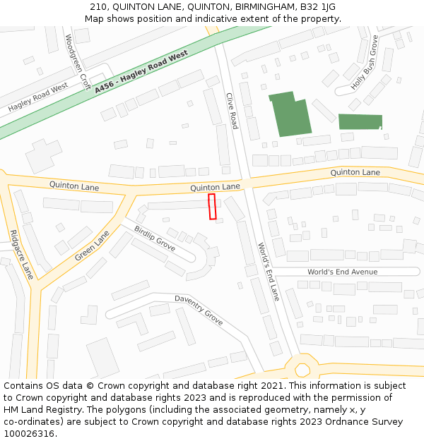 210, QUINTON LANE, QUINTON, BIRMINGHAM, B32 1JG: Location map and indicative extent of plot