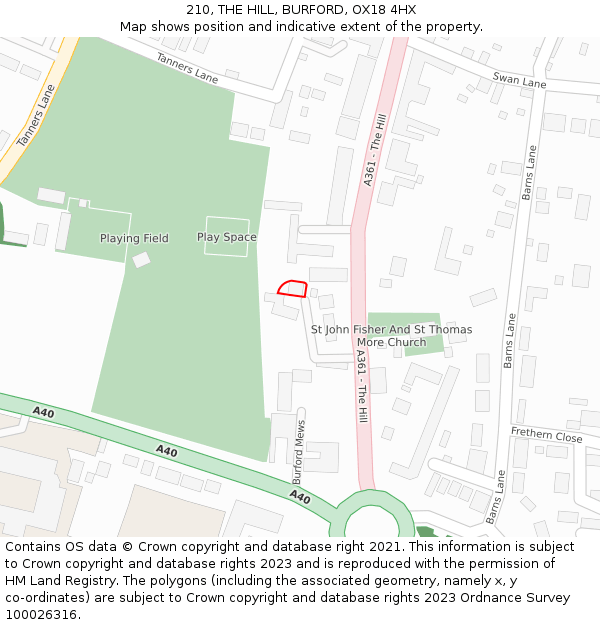 210, THE HILL, BURFORD, OX18 4HX: Location map and indicative extent of plot