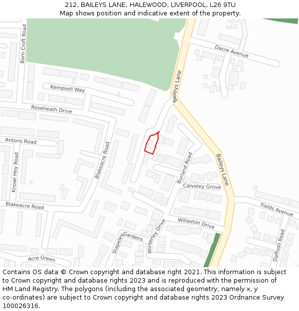 212, BAILEYS LANE, HALEWOOD, LIVERPOOL, L26 9TU: Location map and indicative extent of plot