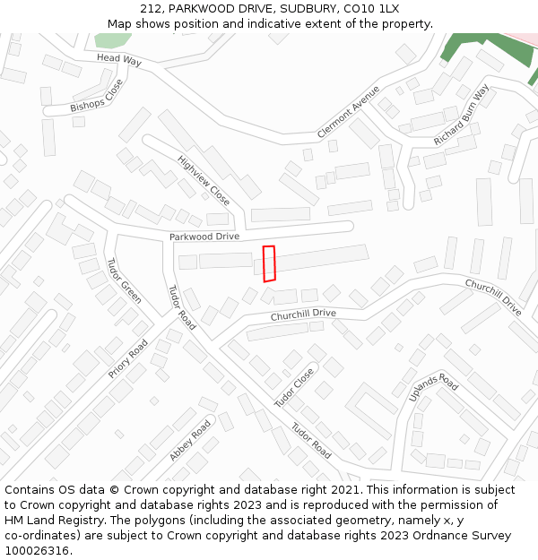 212, PARKWOOD DRIVE, SUDBURY, CO10 1LX: Location map and indicative extent of plot