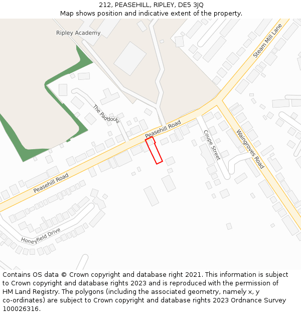 212, PEASEHILL, RIPLEY, DE5 3JQ: Location map and indicative extent of plot