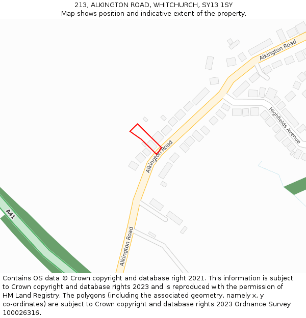 213, ALKINGTON ROAD, WHITCHURCH, SY13 1SY: Location map and indicative extent of plot