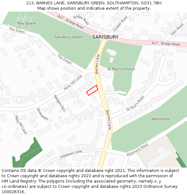 213, BARNES LANE, SARISBURY GREEN, SOUTHAMPTON, SO31 7BH: Location map and indicative extent of plot