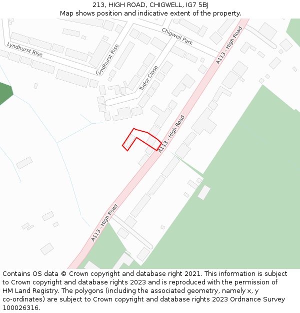 213, HIGH ROAD, CHIGWELL, IG7 5BJ: Location map and indicative extent of plot